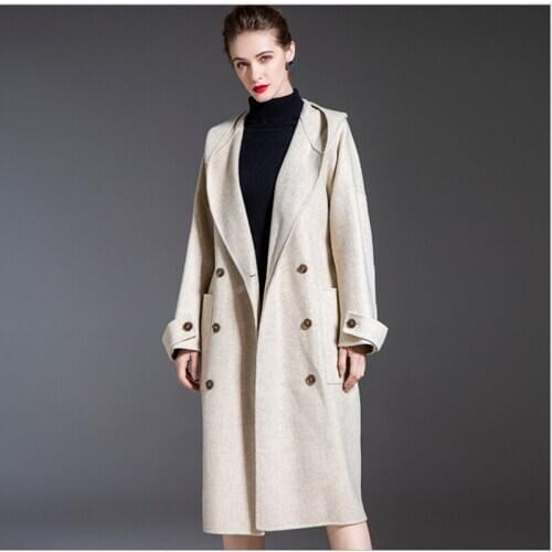 Womens beige double-faced cashmere coat 2020 autumn winter new woolen coats mid-length hooded jackets lady overcoat jacket warm