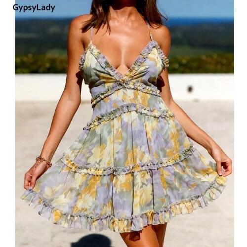 GypsyLady Floral Print Strappy Mini Dress Summer V-neck Sexy Women Dress Sleeveless Backless Ruffles Chic Ladies Holiday Dress
