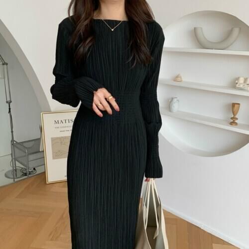 Women Autumn Vintage Sheath Wrinkle Long Black Dress Elastic Waist Full Sleeve Pullover