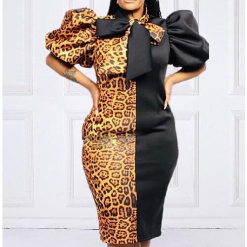 Women Dress Patchwork Leopard Patchwork with Bowtie Short Lanten Sleeves Slim Package Hip Office Ladies Elegant Classy Robes New