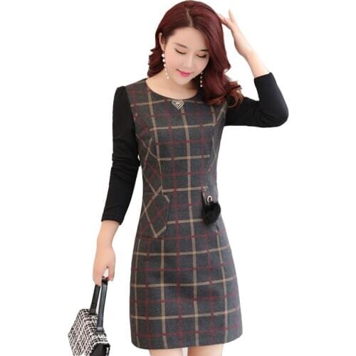 Casual Fashion Autumn Winter Women Woolen Dress New Plaid Long-Sleeve A Line O Neck Pocket Long Thick Female Dress Plus Size