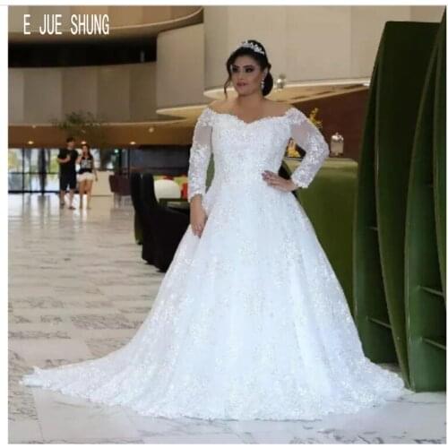 E JUE SHUNG White Plus Size Wedding Dresses V Neck Long Sleeves Full Lace Appliques Zipper Back Bridal Dresses vestido de noiva
