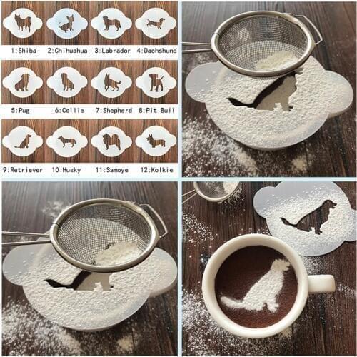 Animal 12Pcs Dog Coffee Cappuccino Cocoa powder Stencil Mold Cake Moulds Cupcake Template Barista Strew Pad Duster Tools