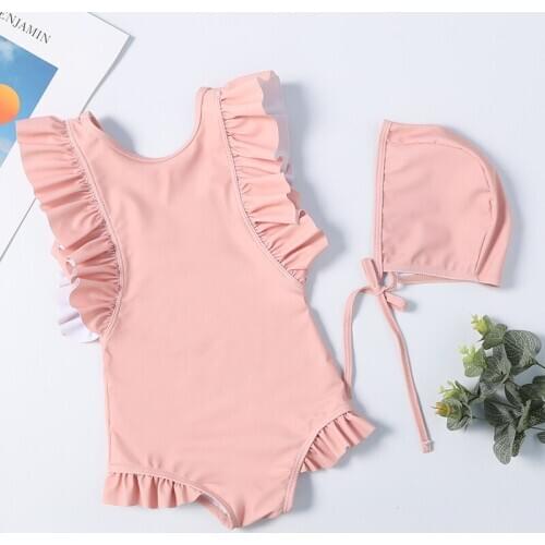 Baby Kids Girl Pink Bikini+Swim Cap 2Pcs Toddler Bathing Swimwear Beachwear New Children One-piece Swimsuit Barn badedrakt