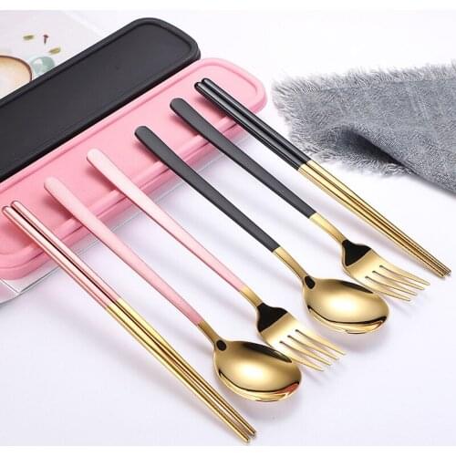 5pcs/set Portable Cutlery Kits 304 Stainless Steel Gold Picnic Knife Fork Chopsticks Travel Tableware Black Dinnerware Sets
