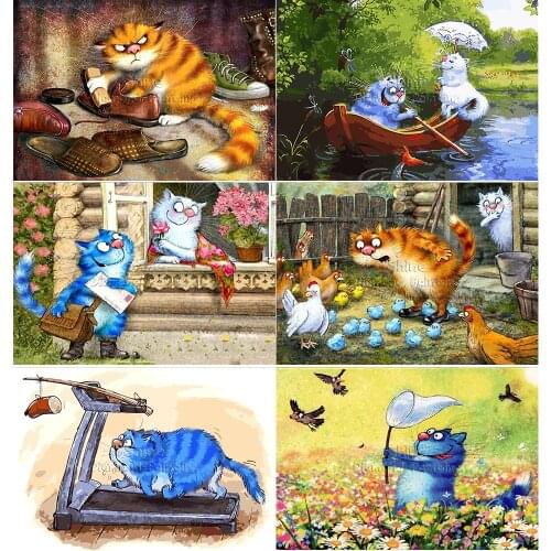 5D DIY Diamond Painting Cartoon Blue Cat Romantic Love Animal Mosaic Full Square Round Cross Stitch Embroidery Home Decor Gift