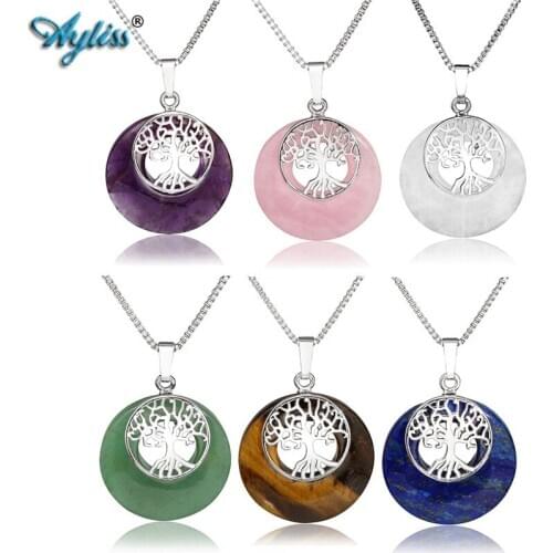 Ayliss Tree of Life Round Pendant Purple Pink Crystal Gem Stones Pendant Healing Natural Stone Pendant Necklace Jewelry 24"inch