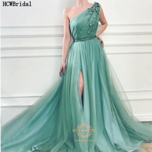 Turquoise Long Evening Formal Dress One Shoulder High Slit Chic Beaded Arabic Prom Party Dresses Customize Robe De Soiree
