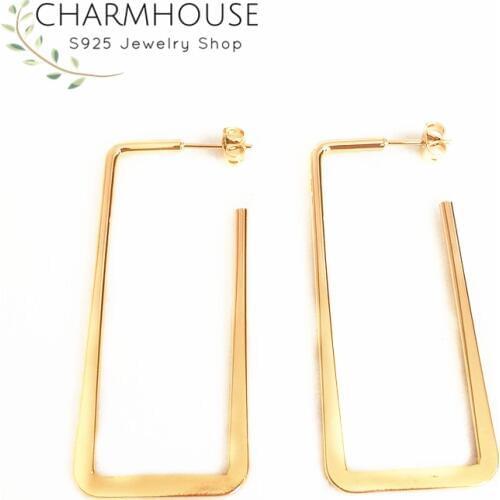 Charmhouse Hoop Earrings For Women Gold Color Long Square Stainless Steel Earing Brincos Femme Wedding Bridal Jewelry Wholesale