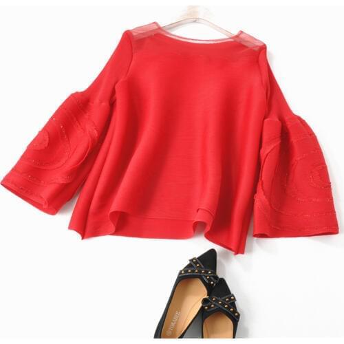 HOT SELLING Miyake fashion fold three quarter new sexy solid o-neck mesh T-shirt IN STOCK