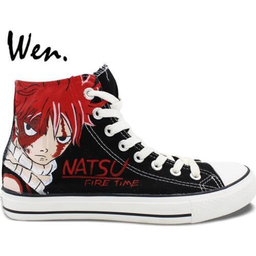 Wen Hand Painted Shoes Anime Fairy Tail Natsu High Top Black Canvas Sneakers for Men Womens Birthday Gifts