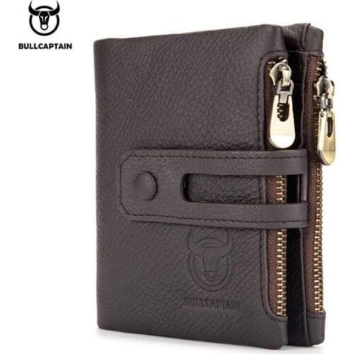 BULLCAPTAIN Hot Genuine Leather Men Wallets Credit Business Card Holders Double Zipper Wallet Purse
