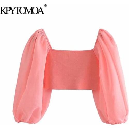 KPYTOMOA Women 2021 Fashion With Organza Knit Cropped Blouses Vintage Puff Sleeve Elastic Trims Female Shirts Chic Tops