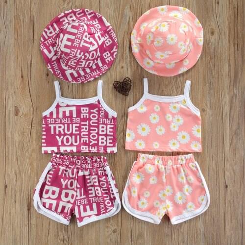 Summer Toddler Clothing Kids Baby Girls Flower/Letter Print U-shaped Neck Tank Top Shorts Wide-brim Hat 3pcs Outfits