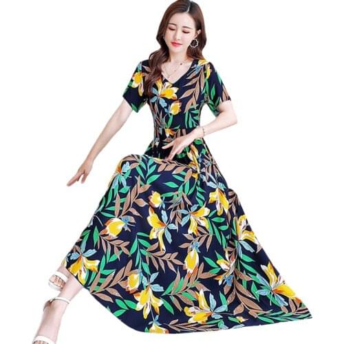 2021 New Summer Womens Dress Fashion Pure Cotton Silk Dresses Mother Oversize Printed Ethnic Style Long Female Sundress Dress