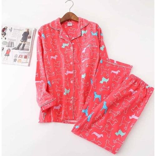 Autumn New Ladies Pajamas Set Cartoon Printed Rose Red Comfort Full Cotton 2Pcs Sleepwear Turn-down Collar Homewear Casual Wear