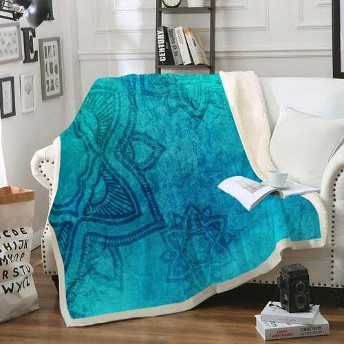 Boho Mandala Blanket Blue Throw Blanket Bohemian Sherpa Blanket Soft Cozy Bed Sofa Blanket Mandala Flower Blankets and Throws