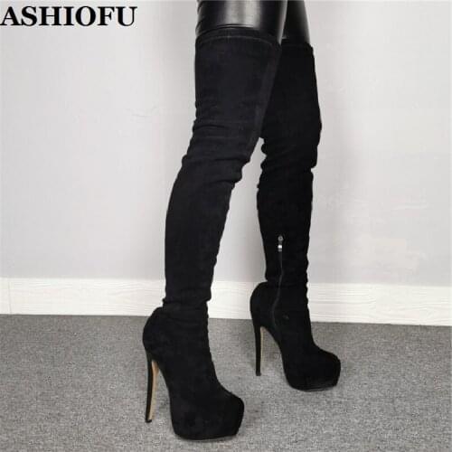 ASHIOFU Wholesale Real Photos Womens High Heel Boots Sexy Club Platform Thigh High Boots Winter Female Evening Fashion Boots