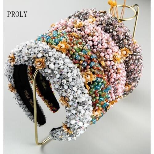 PROLY New Fashion Women Pearls Hairband Full Crystal Diamond Headband Handmade Luxurious Baroque Hair Accessories Bride
