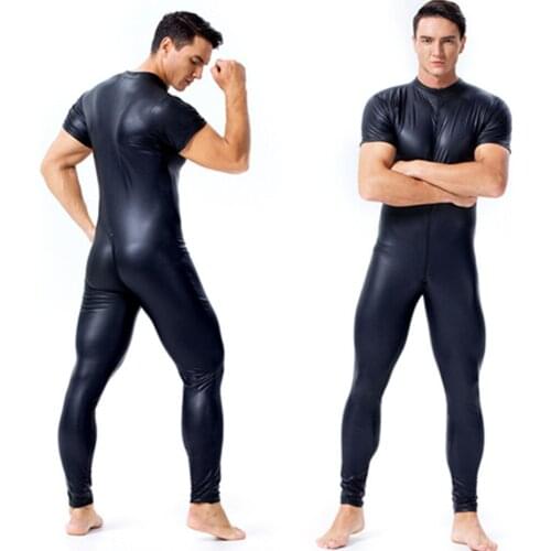 Sexy Lingerie Men Bodysuit Jumpsuit Patent Leather Front Zipper Open Crotch Erotic Nightclub Bar Stage Clubwear Costume