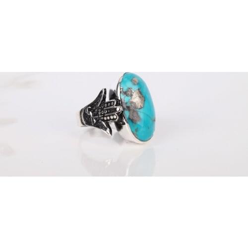 UM US JEWELRY Turquoise Natural Stone Hand Embroidered 925 Sterling Silver Men Ring
