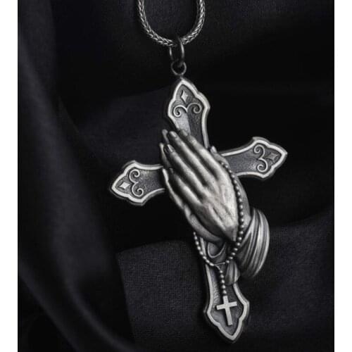 Vintage Silver Color Jesus Cross Hands of Prayer Necklace Pendant Motorcycle Party Christian Crucifix Holy God Necklace Jewelry