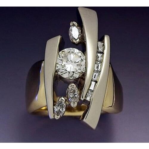 VAGZEB Vintage Women Ring Gold Color Round Oval Rectangle CZ Between 3 Bars Narrow And Wide Design Character Finger Rings Gift