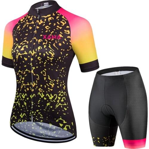 XAMA Womens Professional Black Short Sleeve Cycling Jersey Sets Breathable Bicycle Long Shirt Quick-Dry Mountain Bike Clothing