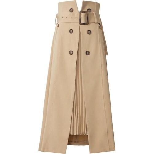 Khaki Korean Fashion Skirts 2020 New Autumn Winter High Waist Belt Pleated Layered Fashion Suit Fabric Women Skirt