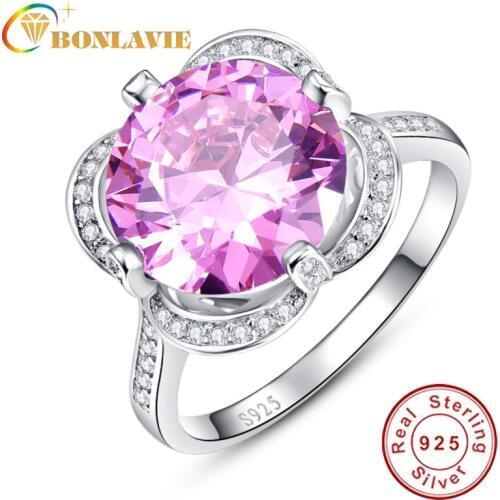 BONLAVIE Jewelry Wholesale Round Cut Size 6 7 8 9 Pink & White Topaz AAA Silver Ring Lucy Four Leaf Clover Design Free Shipping