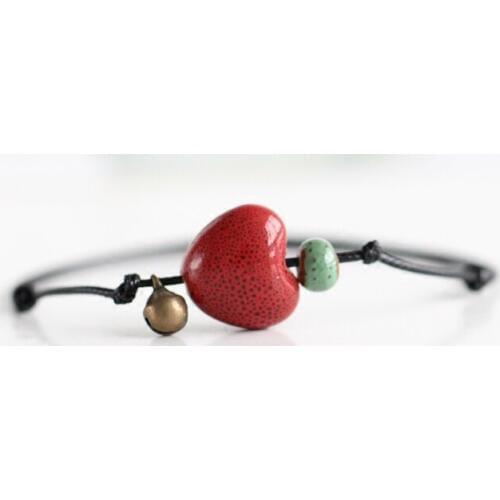 Bohemia Handmade Ceramic Jewelry Women Fashion Bracelets for Girl Blue Green Red Heart shape Rope Chain with Bell Men Bracelet