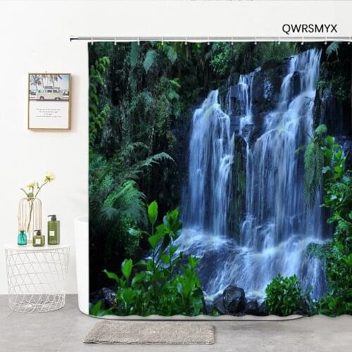 Green Forest Waterfall Shower Curtains Fabric Natural Scenery Bathroom Decor Curtain Screen Home Yellow Background Wall Cloth