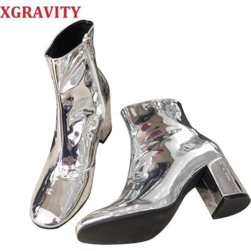 XGRAVITY 2020 New Spring Winter Fashion Round Toe Silver High Heel Chunky Shoes High Heel Woman Boots Warm Ladies Shoes S084