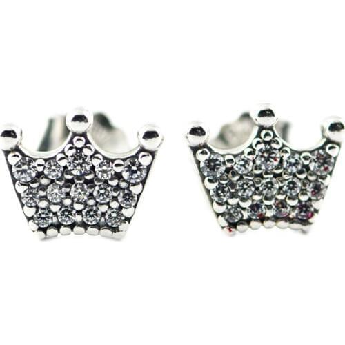 100% Sterling-Silver-Jewelry Enchanted Crowns Stud Earring with Clear CZ 100% 925 Silver Jewelry for Women Free Shipping