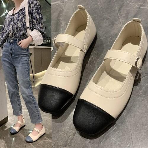 Women Flats 2021 Autumn Patchwork Mary Janes Shoes Sqaure Toe Single Shoes Low Heels Leather Casual Shoes Zapatos Mujer 9289G