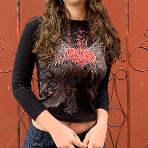 Y2K Fairy Grunge Rhinestone T-shirt Autumn Harajuku Graphic Print Long Sleeve Crop Top 90s Vintage Black Pullovers Women Tees