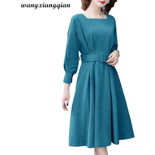2020 New Fashion Spring Womens Lake Blue Dress Elegant Lady Nine-point Sleeve Dress High-end Western Style Dress Female A637