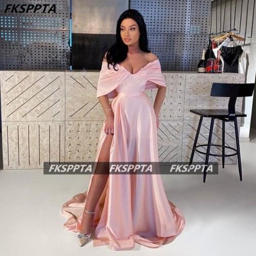 Off The Shoulder Pink Elegant Prom Dresses With Slit 2021 A Line Pleats Satin Women Formal Gowns For Wedding Party Custom Made