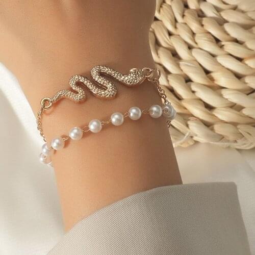 2 Pcs/Set Fashion Female White Pearl Charm Bracelets For Women Trendy Gold Color Metal Chain Snake Bracelet Party Jewelry Gift