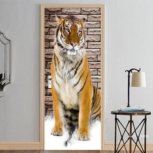 3D Tiger Pattern Door Sticker Modern Style Animal Art Wallpaper Kid Bedroom Living Room Home Decor Door Decals Pvc Self-Adhesive