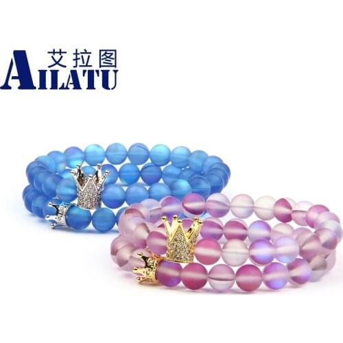 Crown Sets Bracelets Beads New with 8mm Couples Ailatu Jewelry & Bangles Charm Flash Glass Copper Unisex Classic Tension
