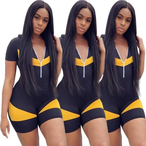 BKLD Summer Women Sexy Zipper Short Sleeve With Hat Bodycon Jumpsuit Black Patchwork Middle Waist Fashion Casual Rompers Shorts