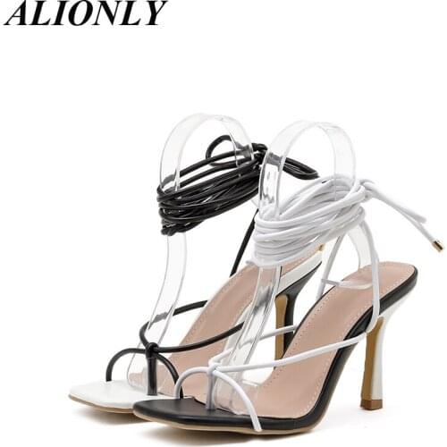 ALIONLY Fashion Sexy Lace Up Sandals for Women 2021 Summer New Square Toe Thin Heel Cross Tied Party Shoes High Heel 9CM