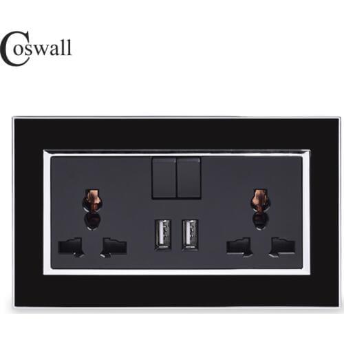 COSWALL 13A Universal Switched Socket 2 USB Charge Port For Mobile Output 2.1A Wall Outlet Black Acrylic Panel