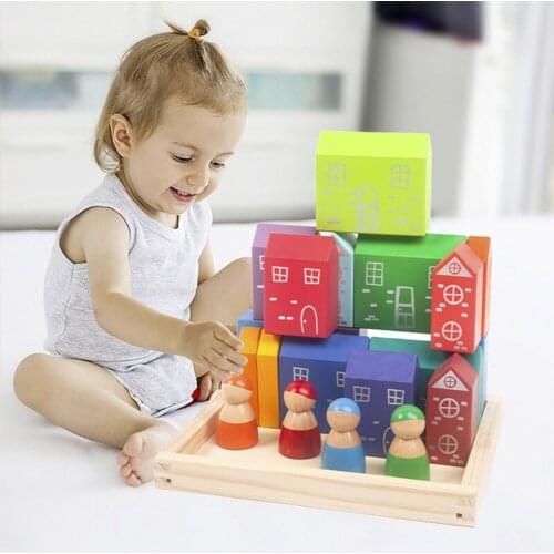 Children Montessori Rainbow Wooden Building Block Toy Makaron City Character Large Particle Assembled Building Block Toy Gifts
