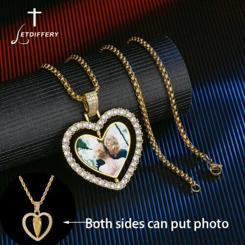 Letdiffery Double-Side Custom Photo Heart Pendant Necklace for Couple Bling Crystal Zircon Pendant Anniversary Engagement Jewelr