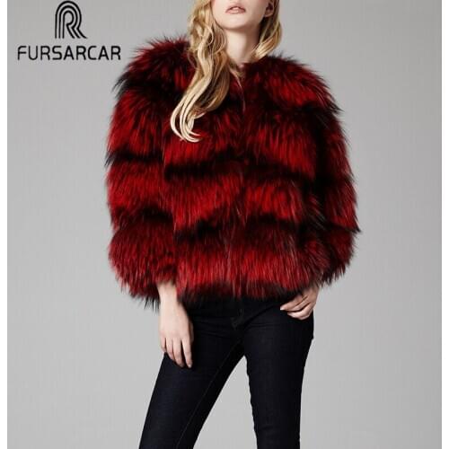 FURSARCAR Red Fur Women Natural Real Fox Fur Coat Fashion New Silver Fox Fur Coat Luxury Whole Skin Female Jacket O-Neck