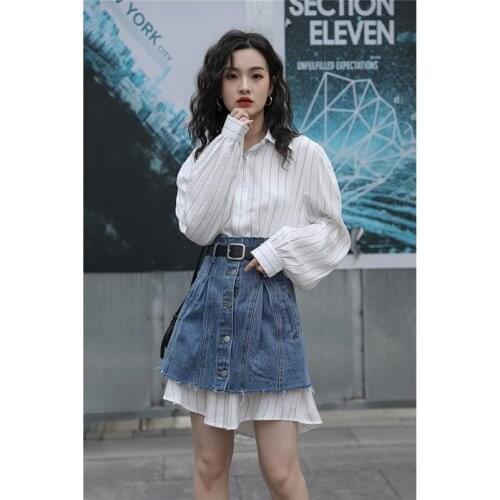 2021 Striped Shirt Skirt Suit Skirt Spring and Summer Denim Skirt Slimming Two - Piece Dress