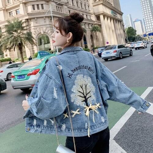 Spring New Women Embroidered Flowers Lace Up Denim Jacket Female Korean Wild Autumn Short Jeans Coat Loose Clothes Ladies G1195