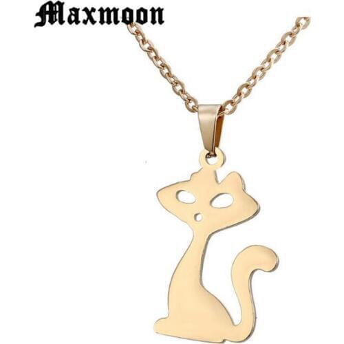 Maxmoon 1pc Fashion Stainless Steel Necklace Cute Hollowed Cat Pendant Kids Girls Chokers Statement Necklace Lucky Girl